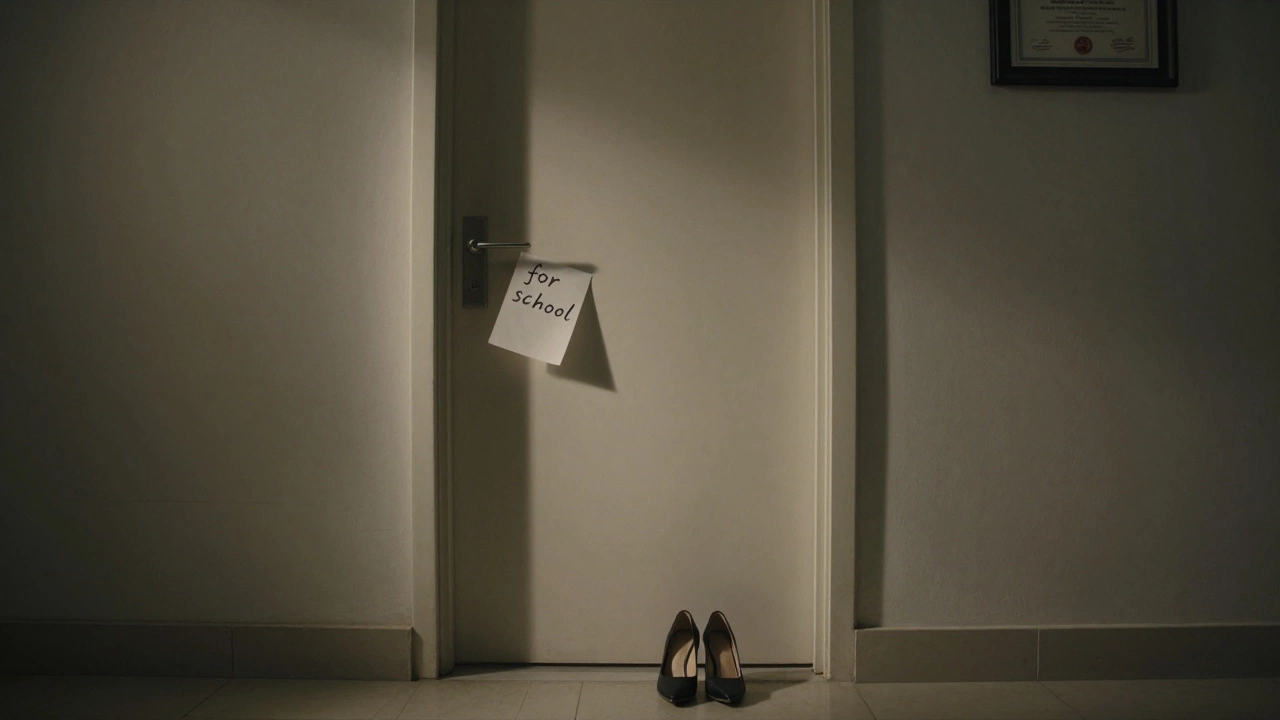 A closed apartment door in Dubai with high heels and a note under it, hinting at hidden sacrifice and a nursing degree on the wall.