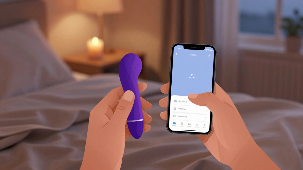 A hand holding a small vibrator beside a smartphone in a warm, cozy bedroom at dusk.