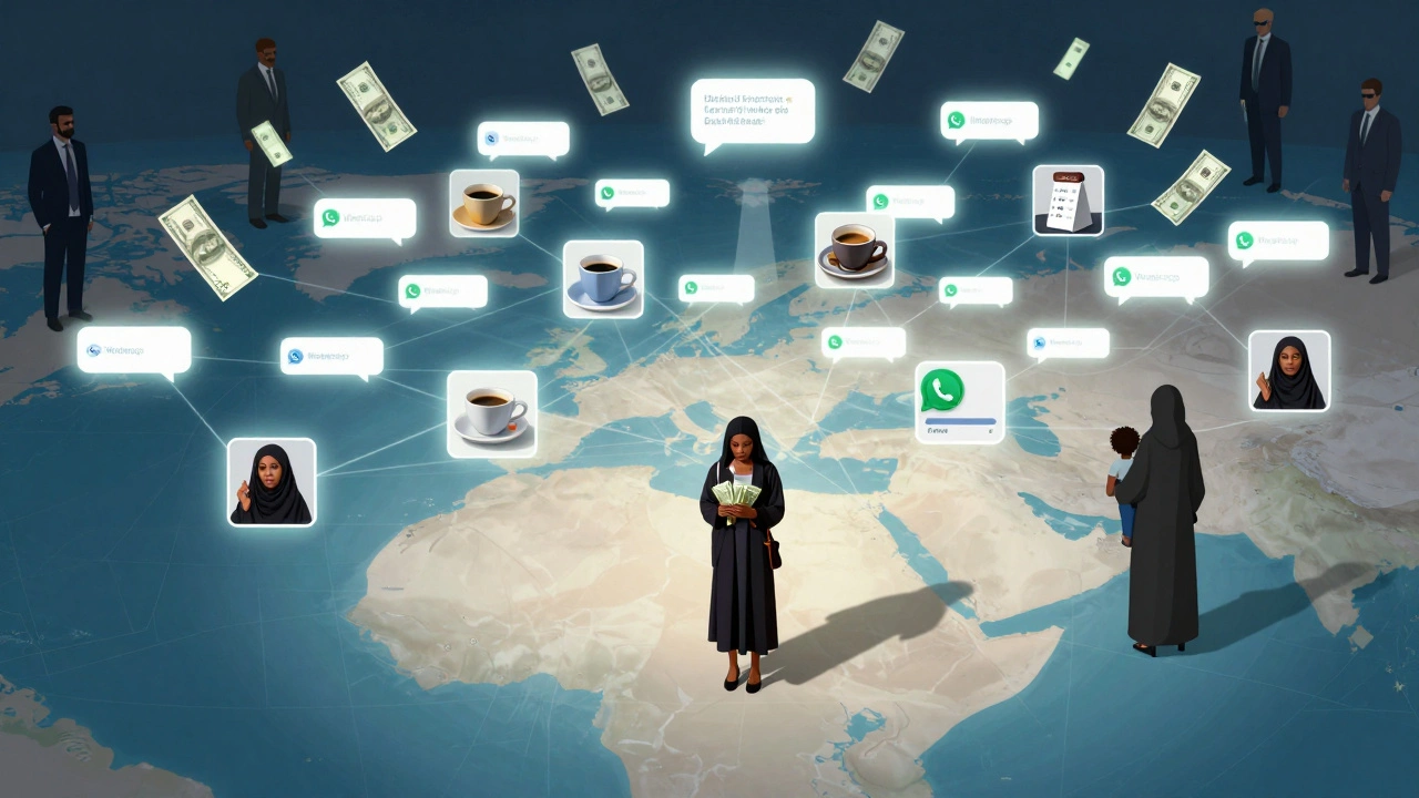 A hidden network of messages and symbols connects Dubai’s informal economy, with a woman at its center holding cash.