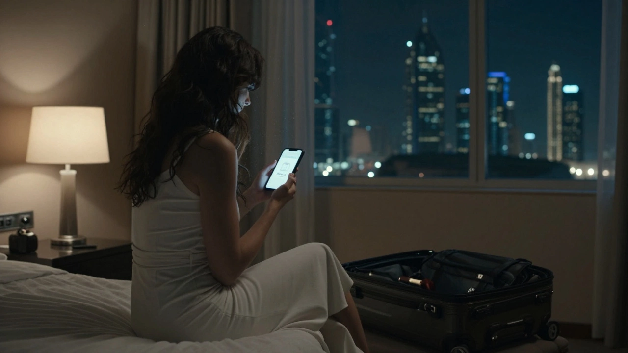 A woman sits on a hotel bed in Jumeirah, holding a burner phone, soft light revealing her exhaustion and isolation.