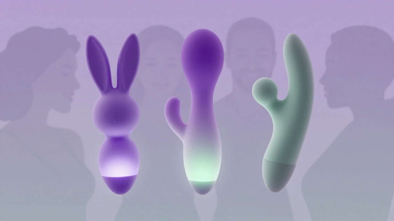Three body-safe sex toys floating softly in lavender and sage light, surrounded by peaceful silhouettes.