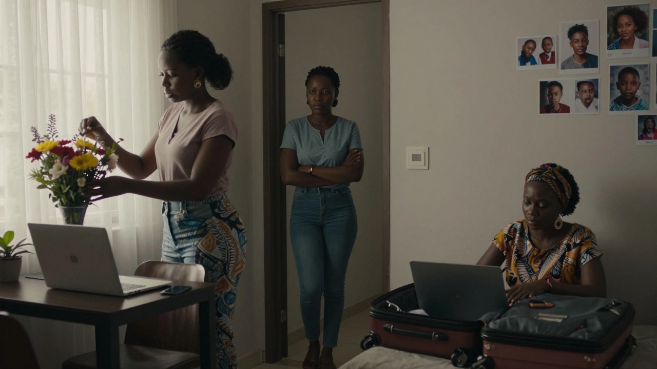 Three Nigerian women in Dubai: one arranging flowers, another in a café, and a third packing with photos of her children.